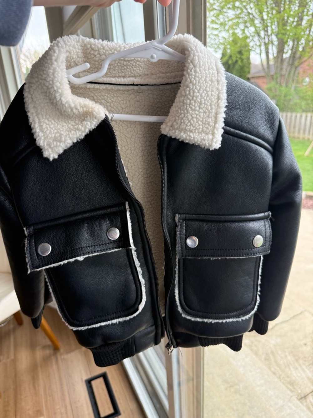 Black Faux Leather Sherpa-Lined Jacket with Cream Trim